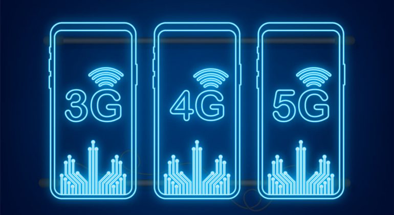 A graphic showing 3 mobile phone outlines with 3G, 4G, & 5G in display